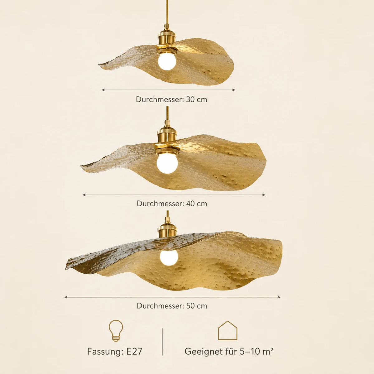 Größen und technische Details der goldenen Lotusblatt-Pendelleuchte