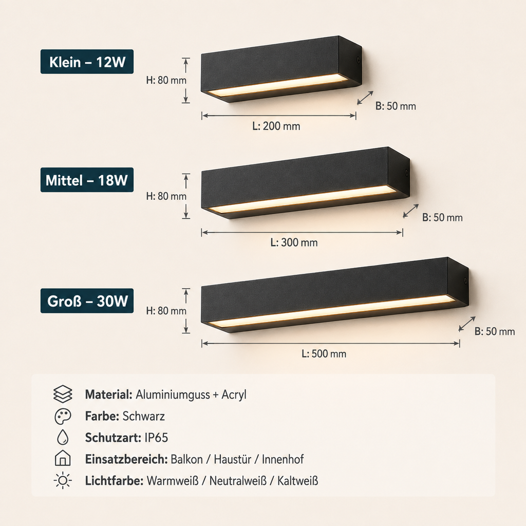 Maße der schwarzen LED-Außenwandleuchte IP65