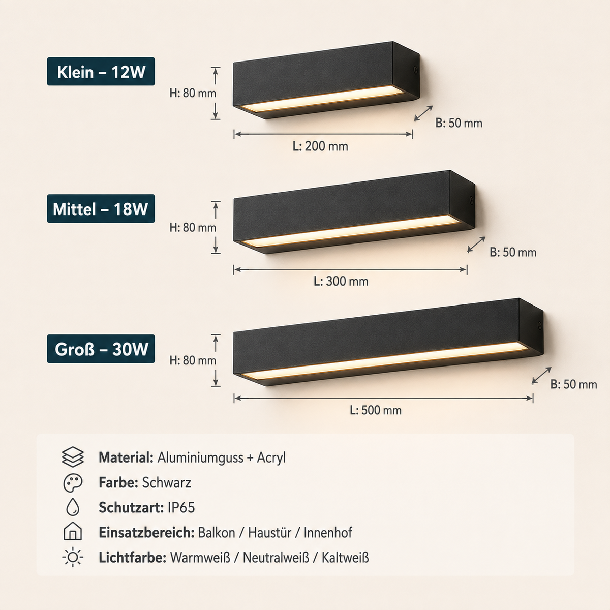 Maße der schwarzen LED-Außenwandleuchte IP65