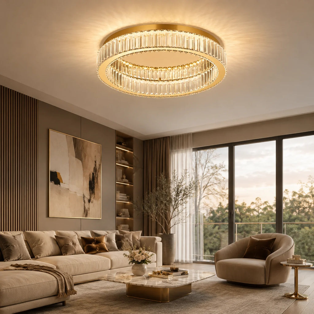 Große goldene Kristall-Deckenleuchte im runden Ringdesign