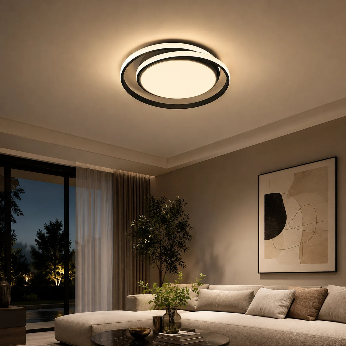 Schwarze LED-Deckenleuchte im Wohnzimmer