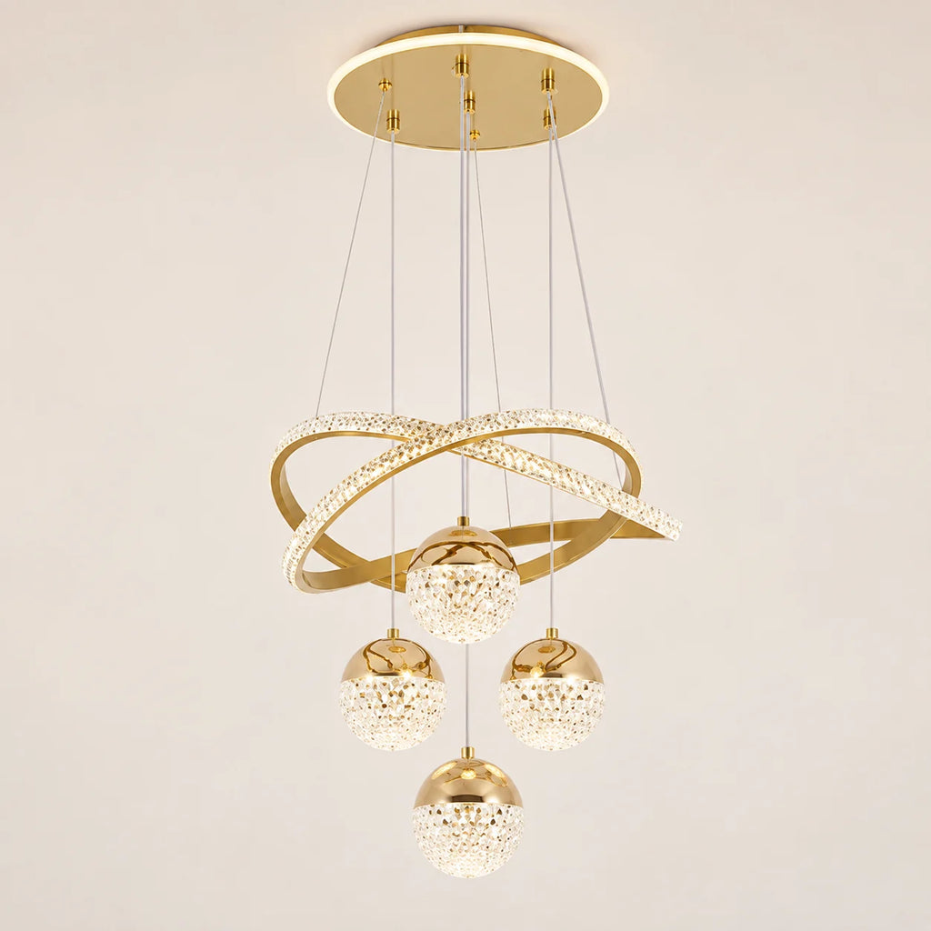 Goldene LED-Pendelleuchte mit hängenden Lichtkugeln