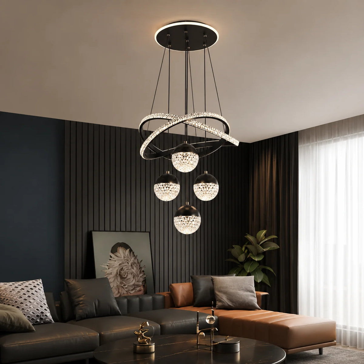 Schwarze LED-Pendelleuchte im modernen Wohnzimmer