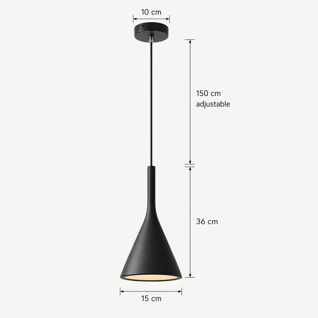 Maße der modernen E27-Pendelleuchte: Kabel bis 150 cm, Leuchtenkörper 36 cm und Durchmesser 15 cm