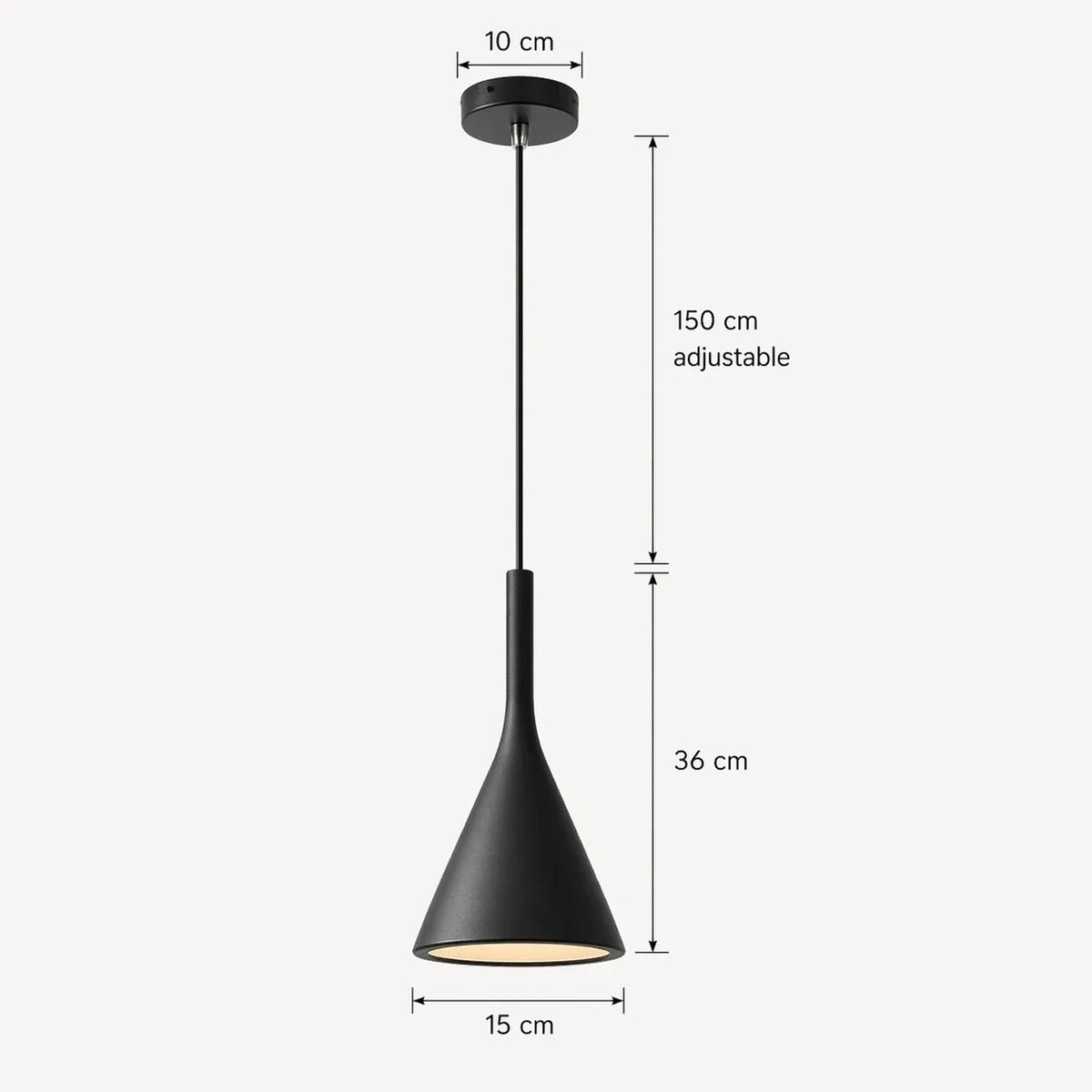 Maße der modernen E27-Pendelleuchte: Kabel bis 150 cm, Leuchtenkörper 36 cm und Durchmesser 15 cm