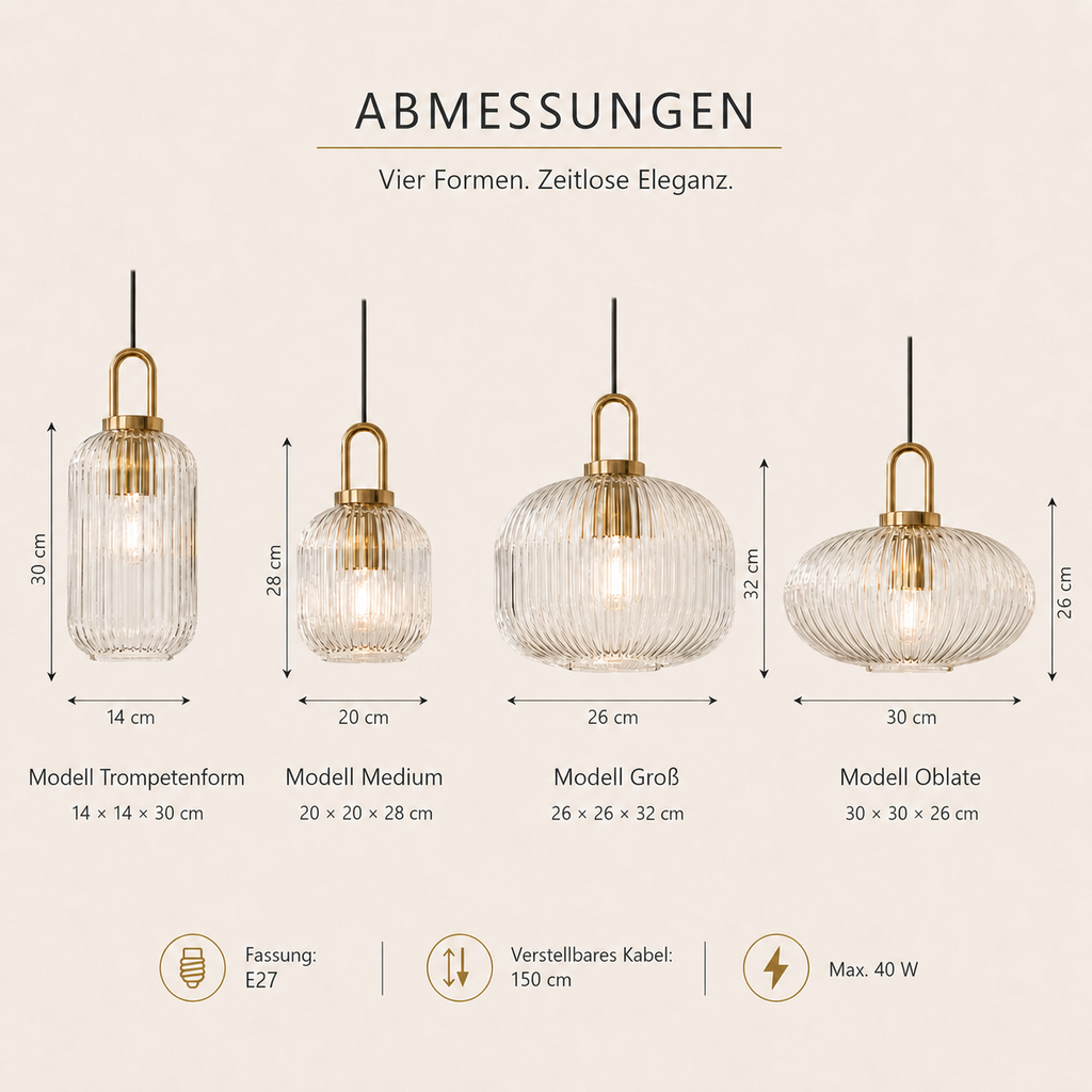 Abmessungen der gerippten Glas-Pendelleuchte in vier Formen