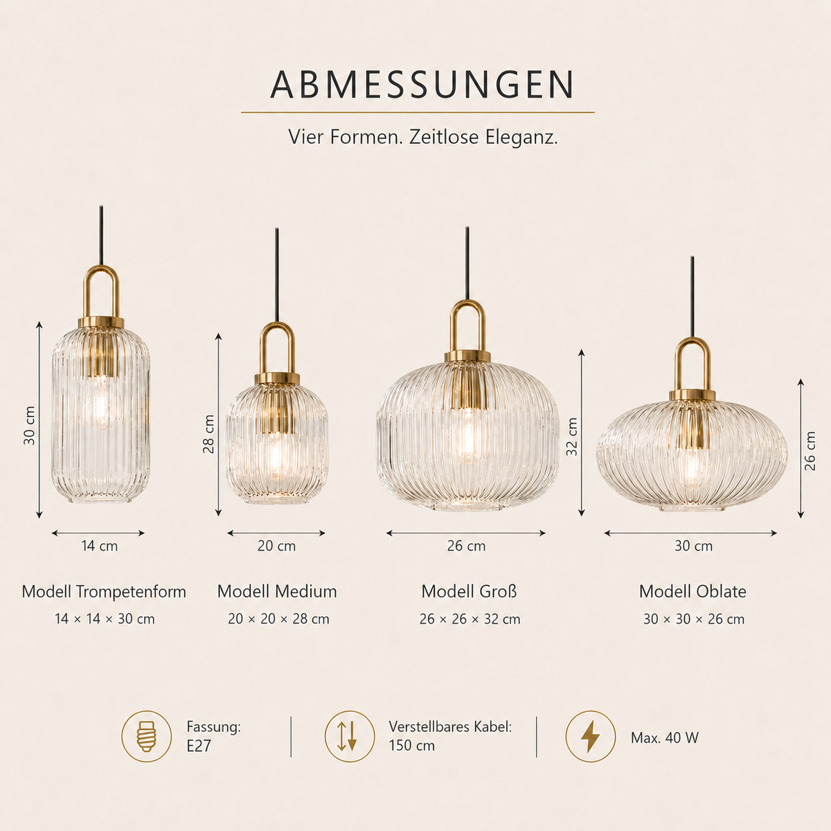 Abmessungen der gerippten Glas-Pendelleuchte in vier Formen