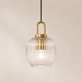 Gerippte E27-Glas-Pendelleuchte in Trompetenform mit goldfarbenen Details