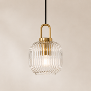 Gerippte E27-Glas-Pendelleuchte in Trompetenform mit goldfarbenen Details