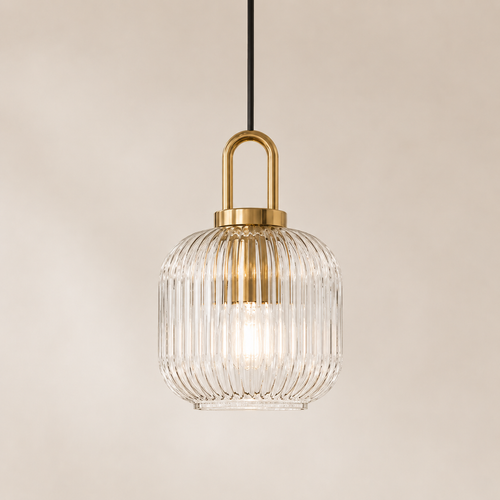 Gerippte E27-Glas-Pendelleuchte in Trompetenform mit goldfarbenen Details