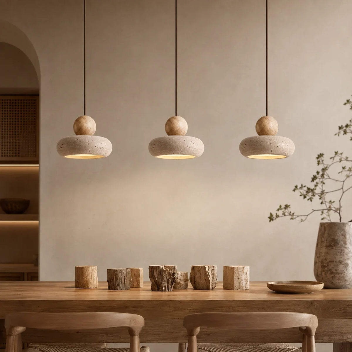 Pendelleuchten aus gelbem Naturstein und Holz über einem Esstisch im Japandi-Interieur