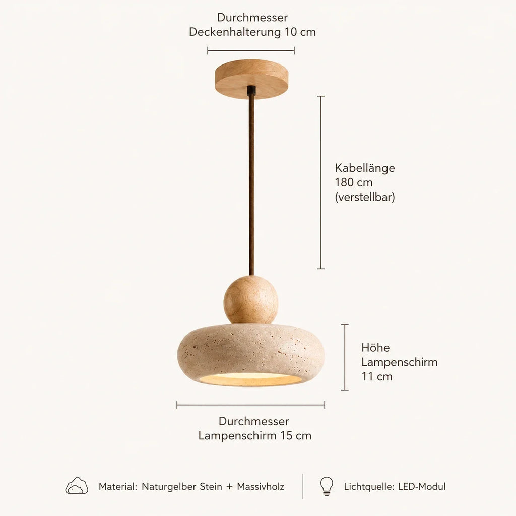 Maße der Pendelleuchte: Leuchtenschirm 11 cm hoch und 15 cm Durchmesser, Baldachin 10 cm, Kabel 180 cm