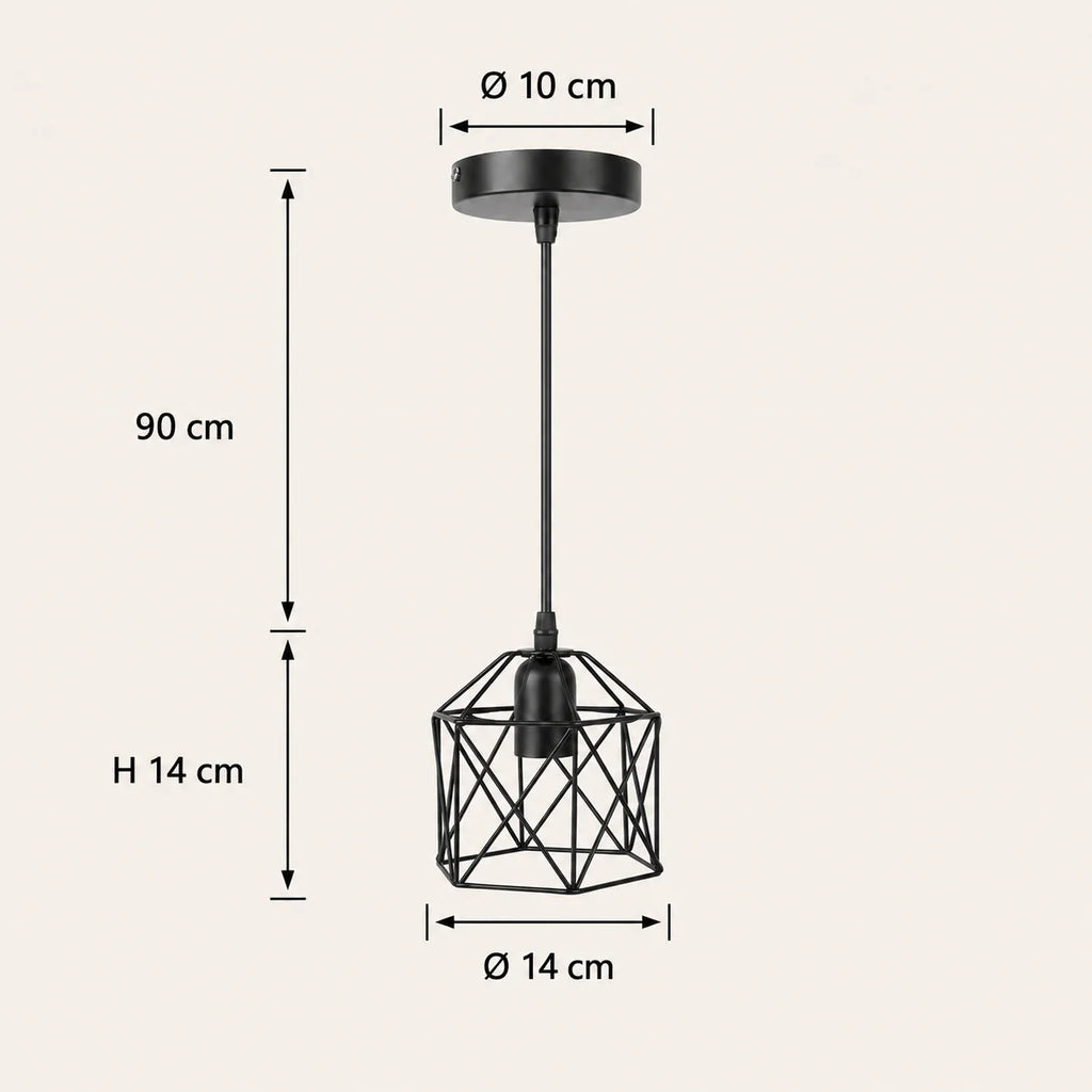 Maße der einflammigen schwarzen Pendelleuchte: Baldachin Ø 10 cm, Höhe 90 cm, Schirm H 14 cm und Ø 14 cm