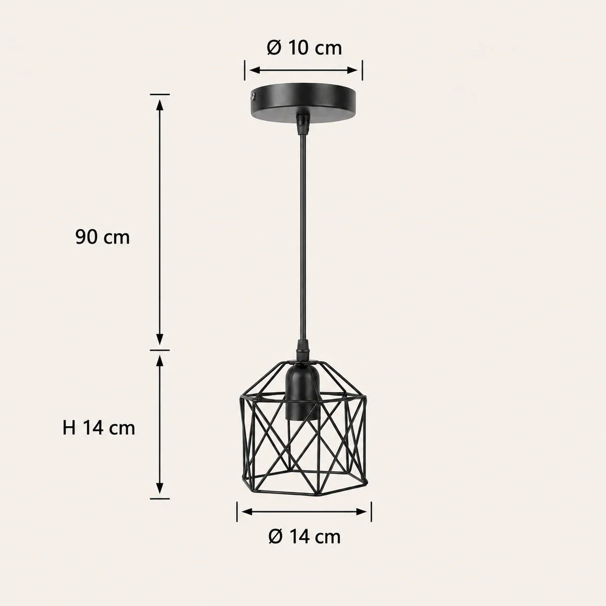 Maße der einflammigen schwarzen Pendelleuchte: Baldachin Ø 10 cm, Höhe 90 cm, Schirm H 14 cm und Ø 14 cm