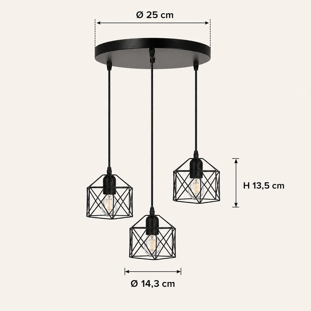Maße der dreiflammigen schwarzen Pendelleuchte: Baldachin Ø 25 cm, Schirm H 13,5 cm und Ø 14,3 cm