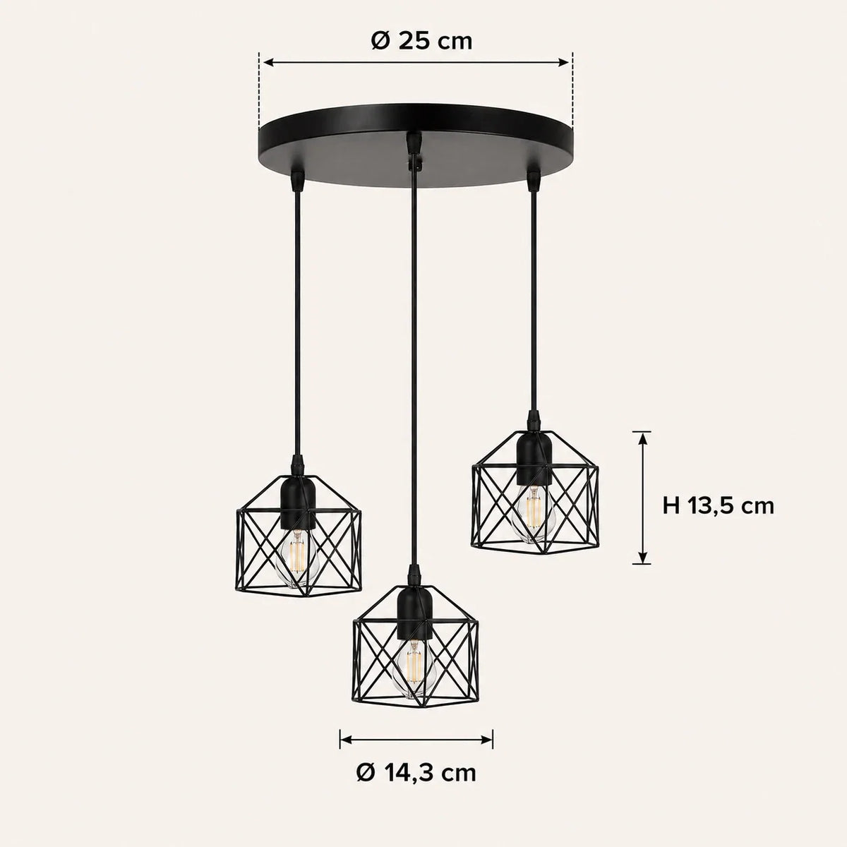 Maße der dreiflammigen schwarzen Pendelleuchte: Baldachin Ø 25 cm, Schirm H 13,5 cm und Ø 14,3 cm