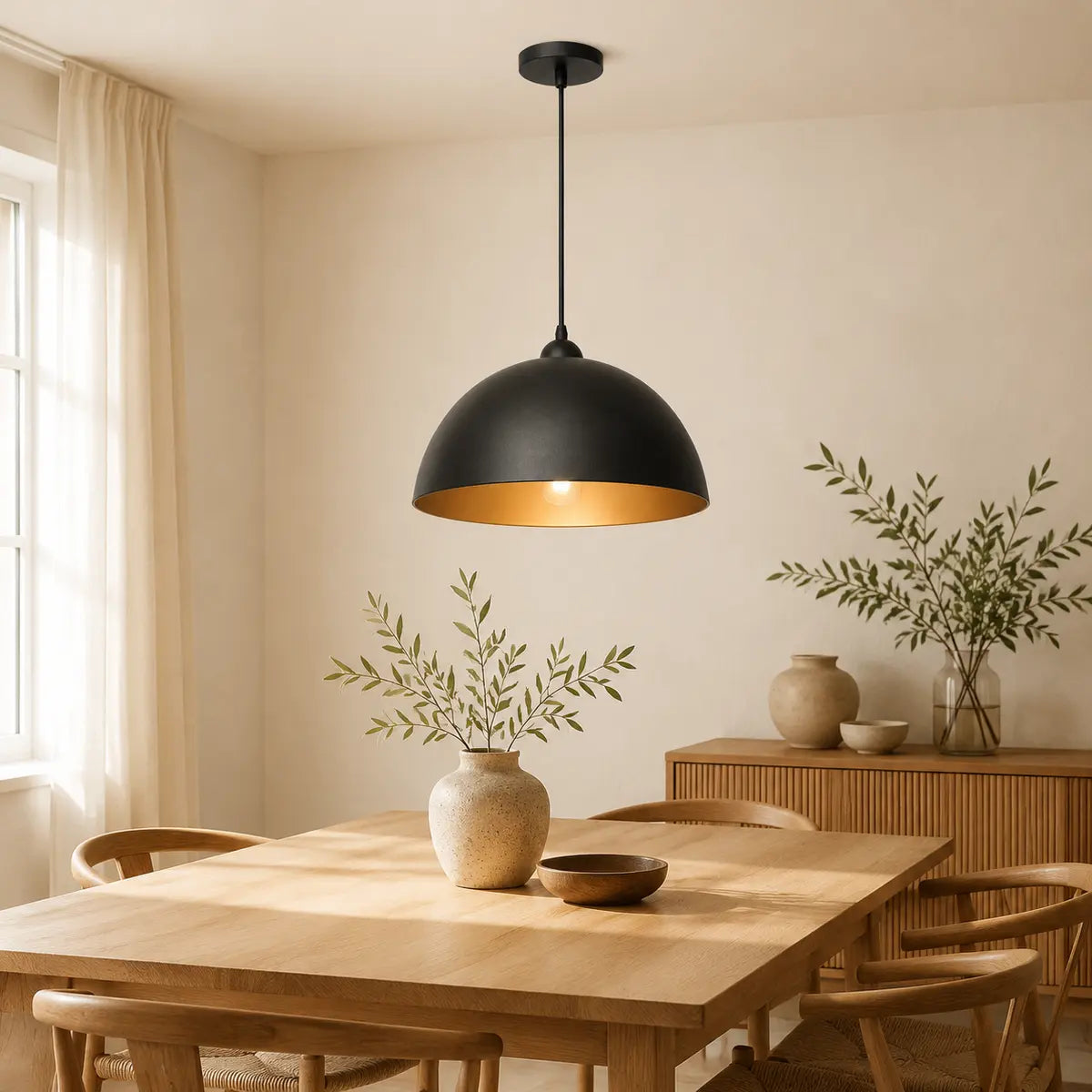 Schwarze Pendelleuchte über einem Esstisch in einem hellen Japandi-Esszimmer