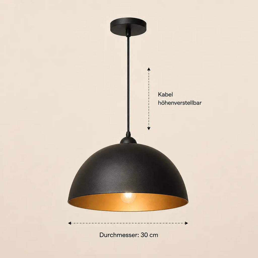 Maße der schwarzen Metall-Pendelleuchte: Durchmesser 30 cm, höhenverstellbares Kabel