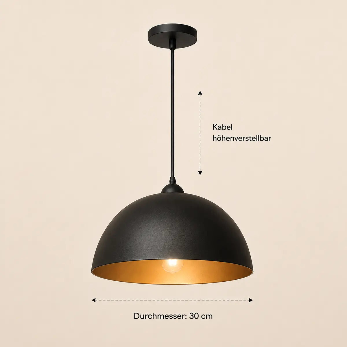 Maße der schwarzen Metall-Pendelleuchte: Durchmesser 30 cm, höhenverstellbares Kabel