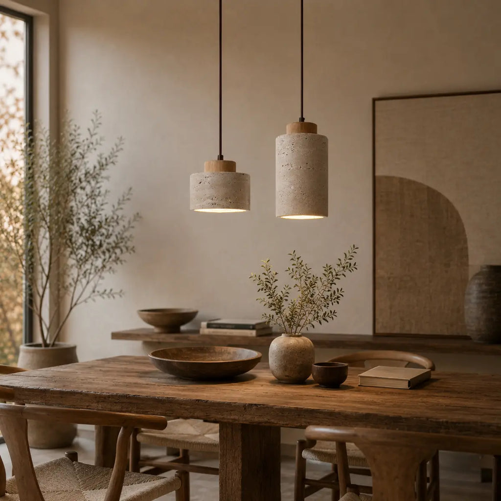 Pendelleuchten aus Stein und Holz über einem Esstisch im warmen Japandi-Wohnzimmer