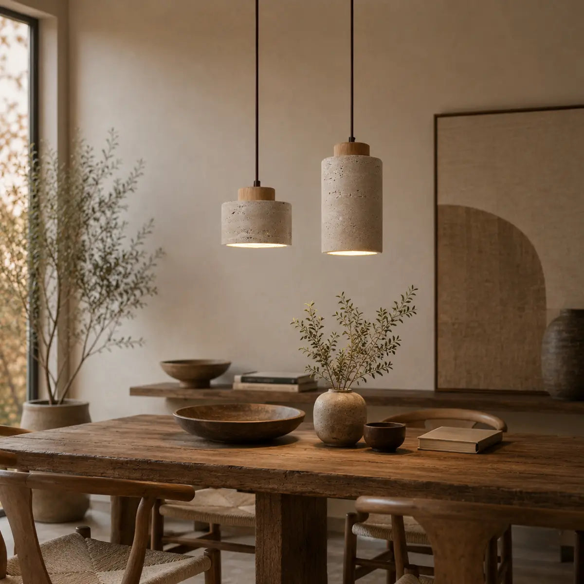 Pendelleuchten aus Stein und Holz über einem Esstisch im warmen Japandi-Wohnzimmer