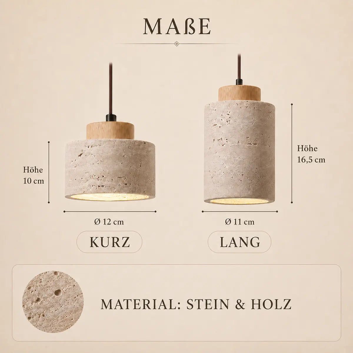 Maße der Pendelleuchte aus Stein und Holz: Kurz 10 cm hoch, Ø 12 cm; Lang 16,5 cm hoch, Ø 11 cm