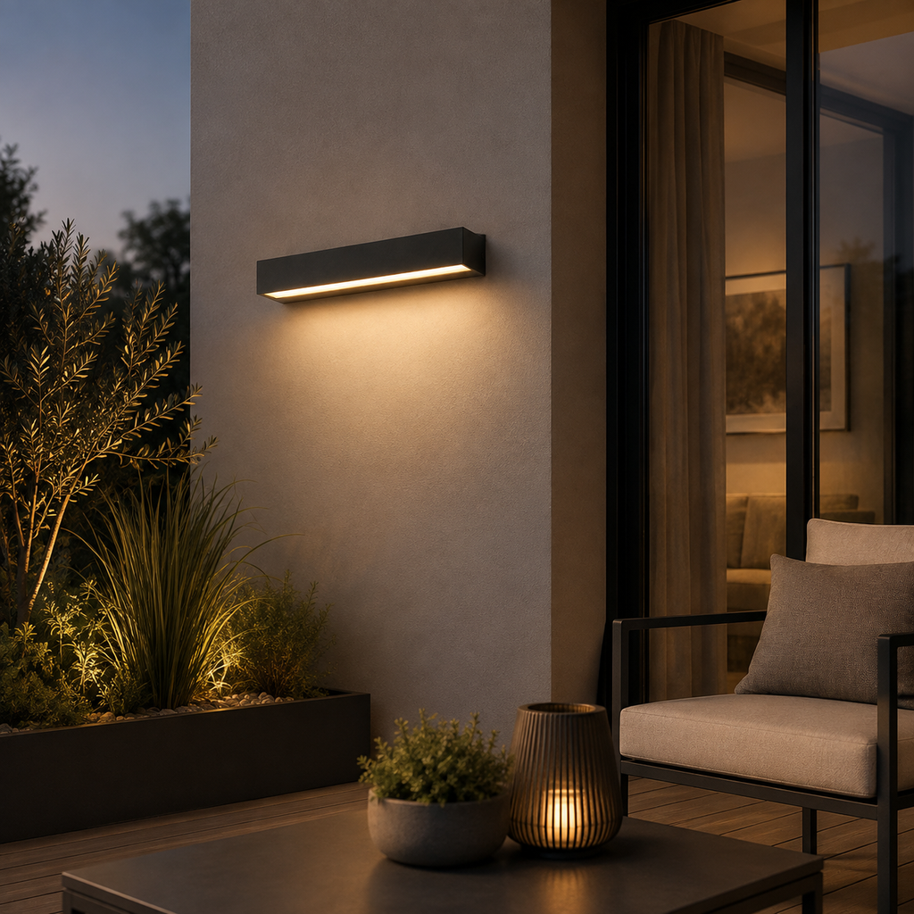 Schwarze LED-Außenwandleuchte auf einer überdachten Terrasse