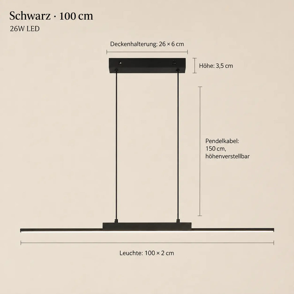 Abmessungen der schwarzen LED-Pendelleuchte mit 100 cm Länge