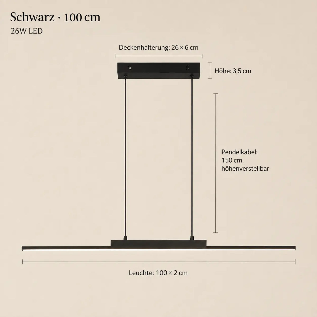 Abmessungen der schwarzen LED-Pendelleuchte mit 100 cm Länge