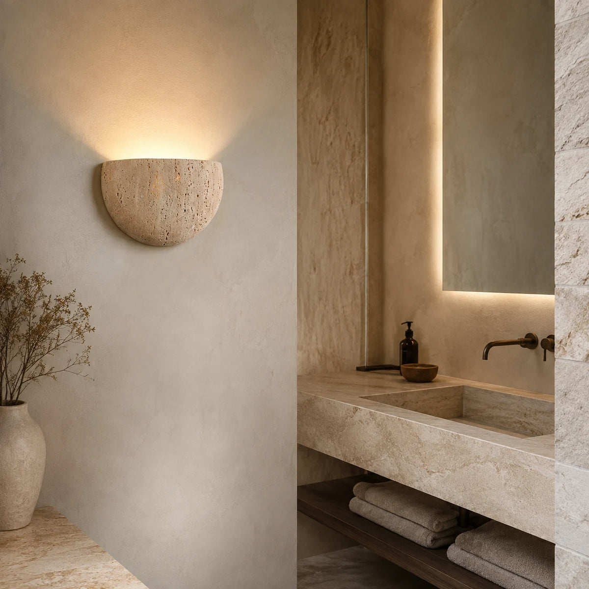 Travertin-Wandleuchte in Halbmondform in einem warmen Interieur