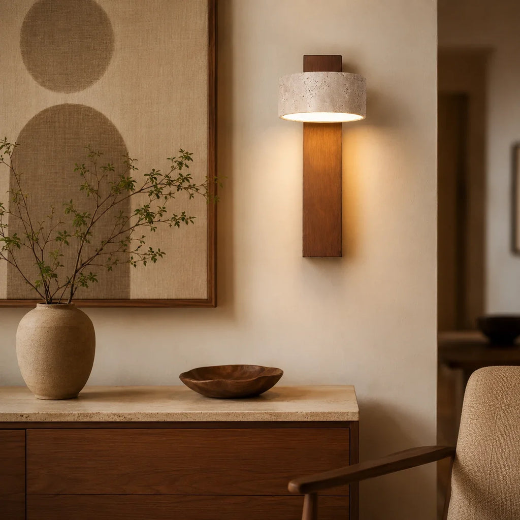 Travertin-Wandleuchte aus Walnussholz im Wohnzimmer