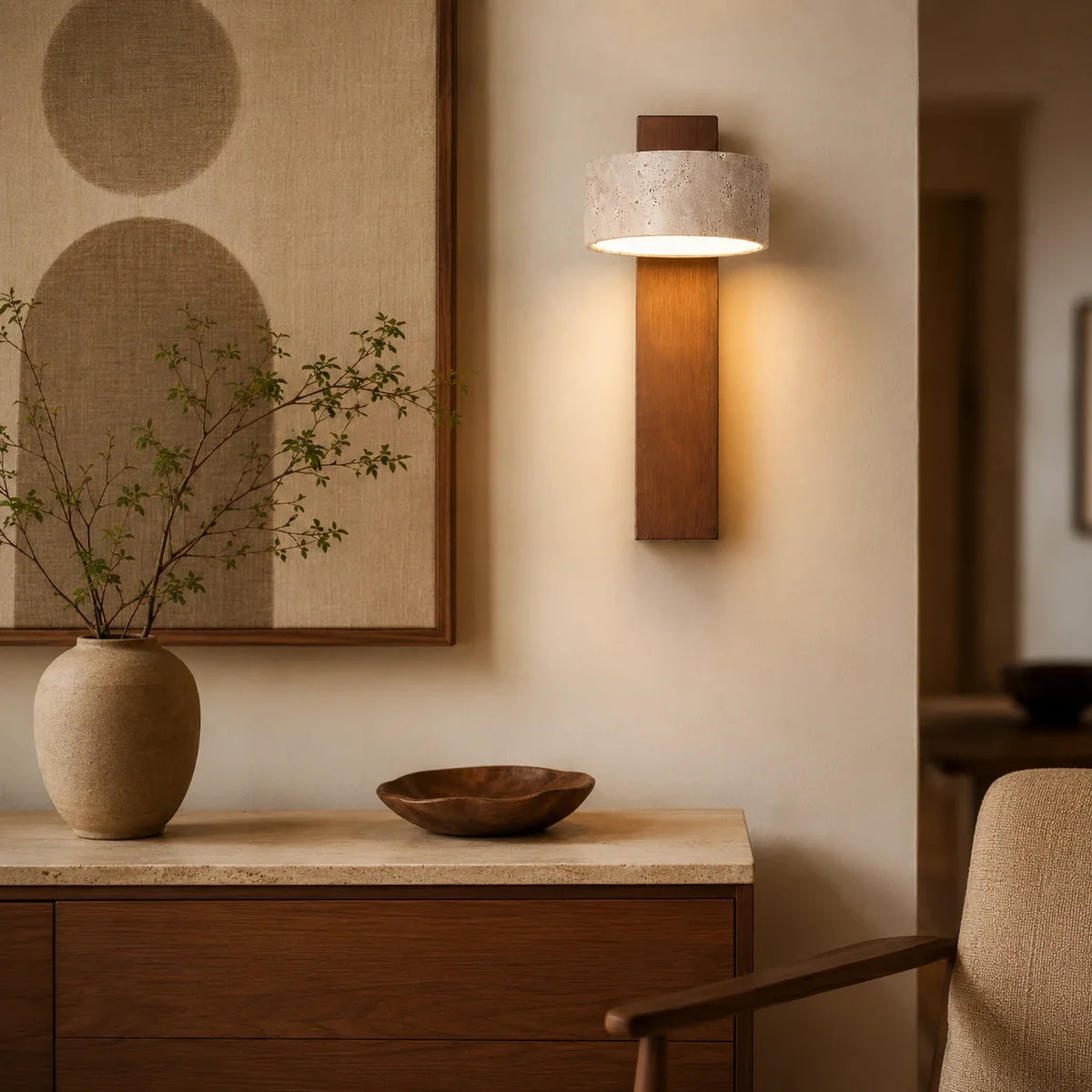 Travertin-Wandleuchte aus Walnussholz im Wohnzimmer