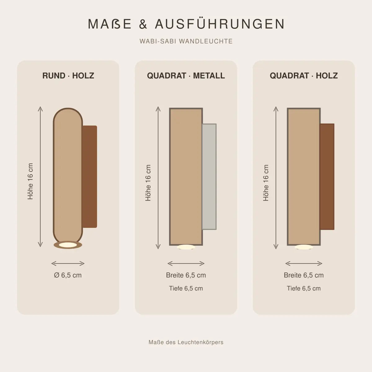 Maße der Marmor-Wandleuchte: Rund 16 cm hoch, Ø 6,5 cm; quadratisch 16 × 6,5 × 6,5 cm