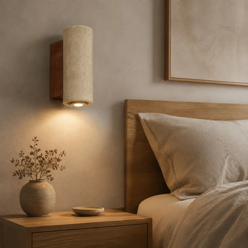 Runde Marmor-Wandleuchte mit Holzrückwand neben einem Bett im Japandi-Schlafzimmer