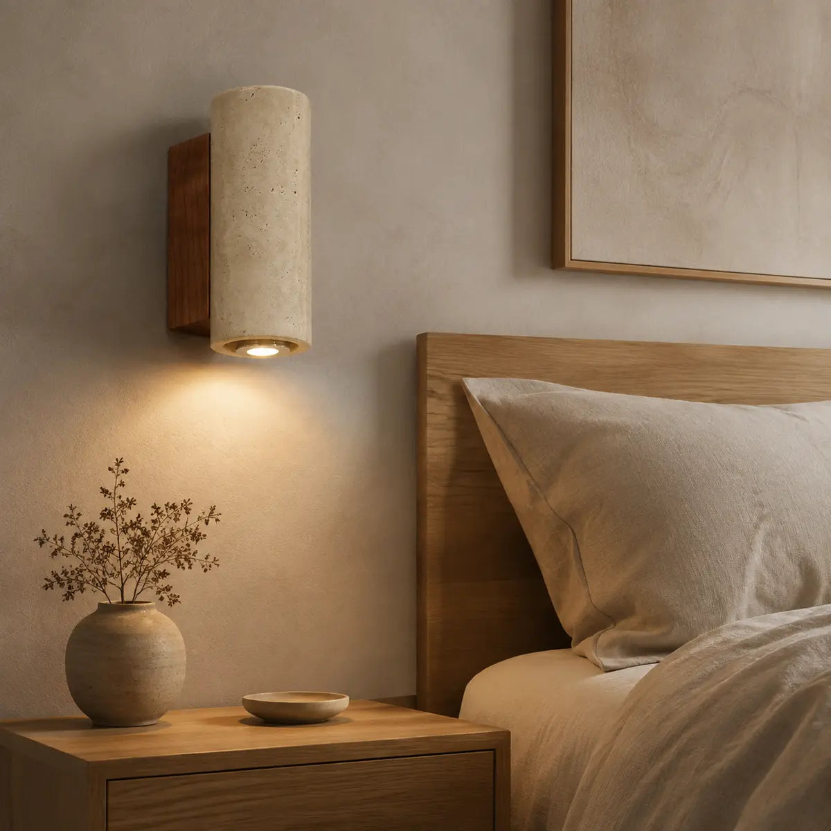 Runde Marmor-Wandleuchte mit Holzrückwand neben einem Bett im Japandi-Schlafzimmer